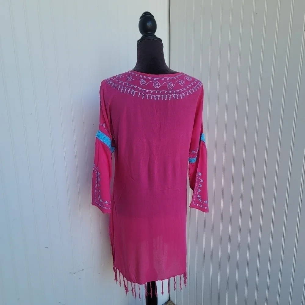 Blue Island Beach Hot Pink Blue Dress Swim Cover Up Tassel Pom Crochet Sz M